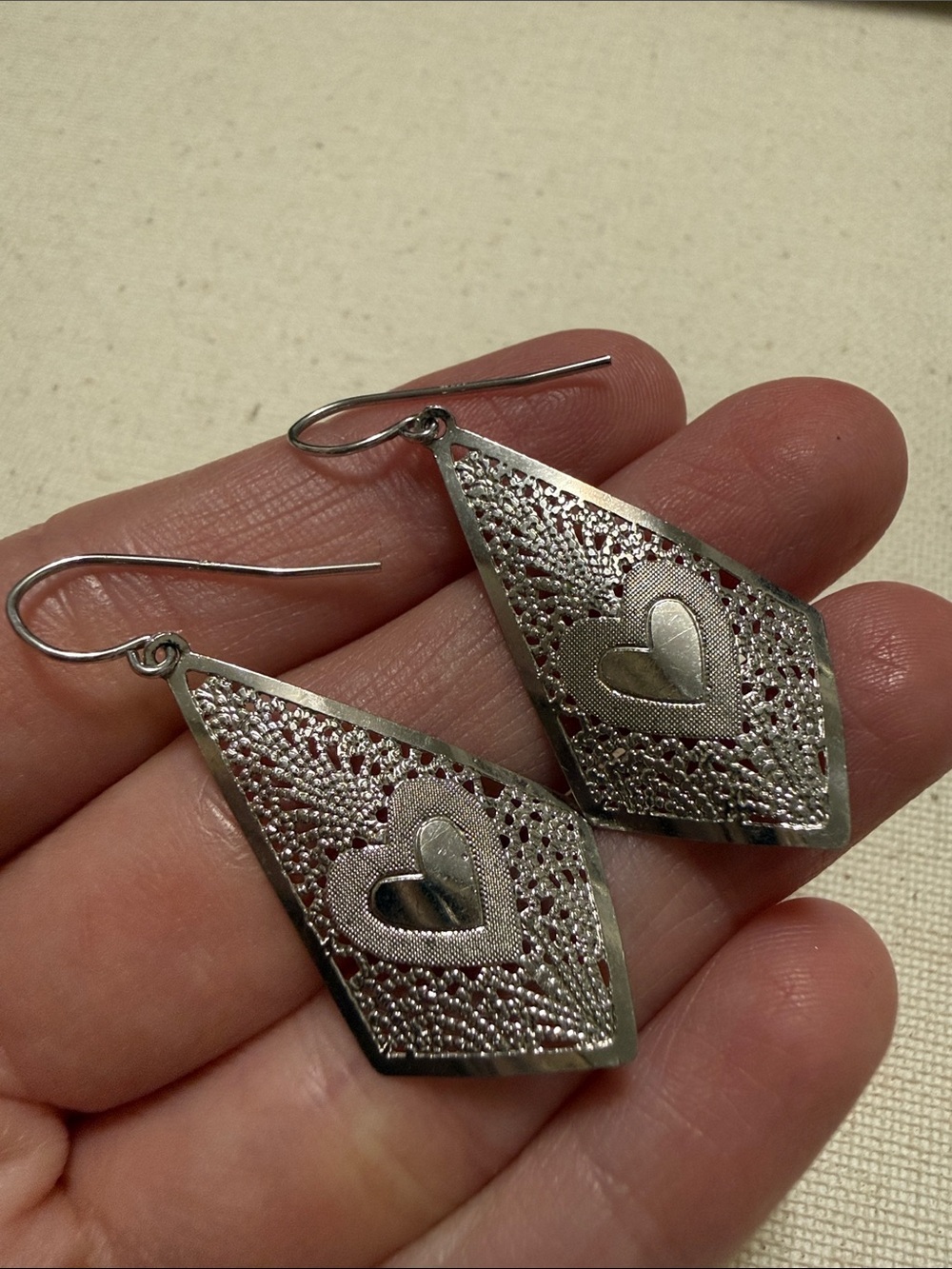 Sterling Silver Heart Filigree Drop Earrings - Picture 2 of 9